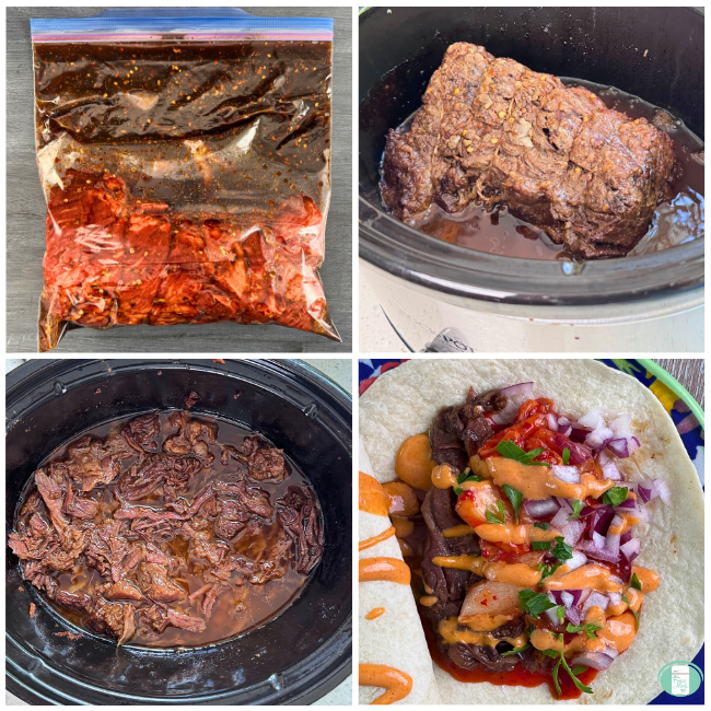 Process photos for Korean Beef Tacos freezer meal, showing it in a ziploc for freezing, then cooking in a slow cooker, then shredded, then served on a tortilla with kimchi, red onion, and Sriracha mayo
