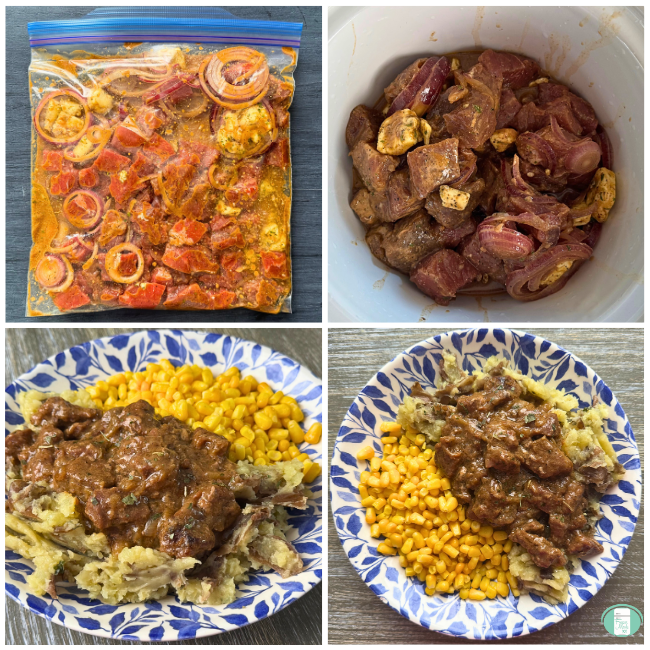 Process photos for make ahead slow cooker steak bites, showing the ingredients in a ziploc for freezing, then cooking in the crock pot, then served over mashed potatoes with a side of corn
