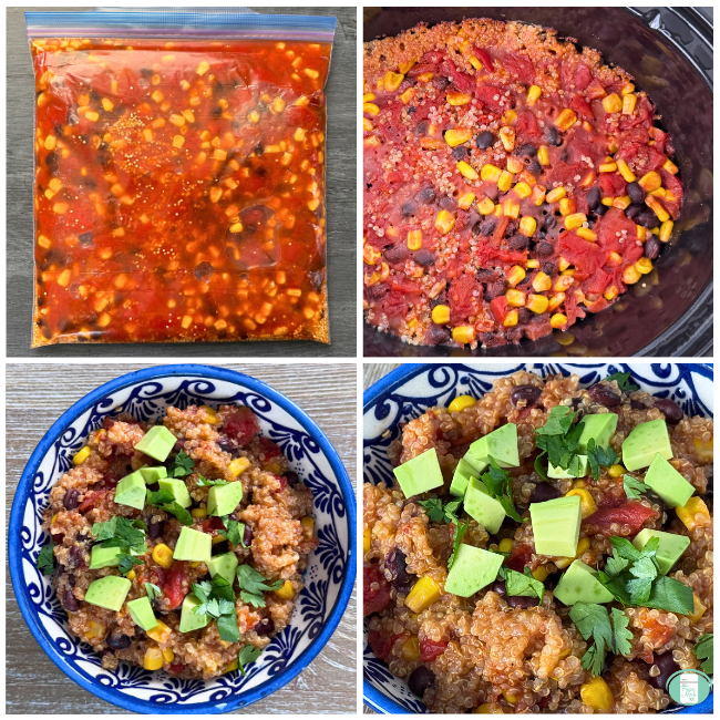Process photos for freezer meal southwest quinoa bowls, showing the meal prepped in a ziploc to freeze, cooking in the slow cooker, and then served in a blue and white bowl with avocado and cilantro on top