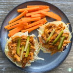 Spicy BBQ Chicken served on a bun with a bed of coleslaw and pickle slices on top, next to carrot sticks