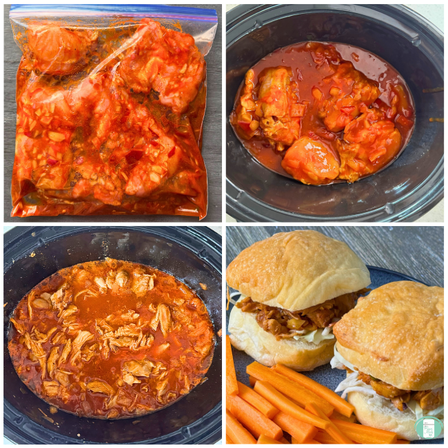 Process photos for freezer meal spicy BBQ chicken recipe, with it prepped in a ziploc for the freezer then cooking in a crockpot, then served on buns with carrot sticks