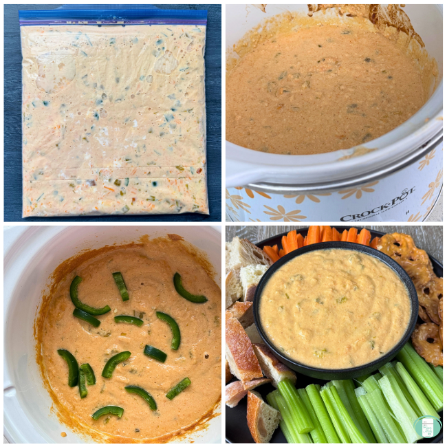 Process photos for make-ahead spicy slow cooker queso showing it in a ziploc for freezing, cooking in the slow cooker, and then served on a snack plate