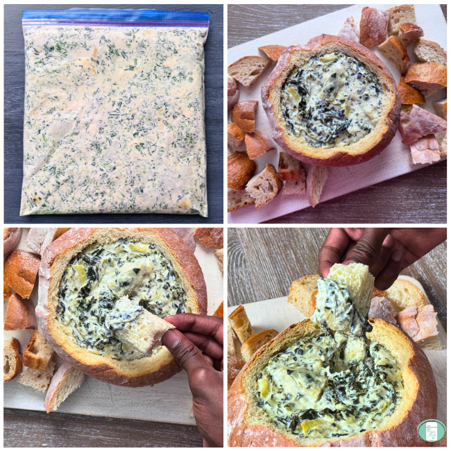 Process photos for freezer meal spinach artichoke dip, showing the ingredients in a bag to be frozen, then served in a bread bowl with chunks of bread to dip