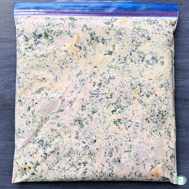 Make ahead spinach and artichoke dip in a ziploc, ready to be frozen