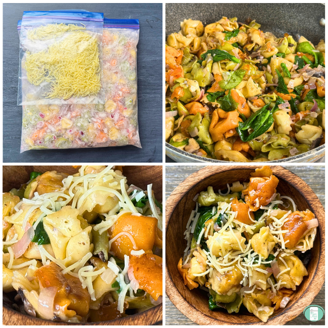 Process photos for creamy mushroom one pot tortellini showing it in bags ready to freezer, then cooking in a skillet, then served in a bowl