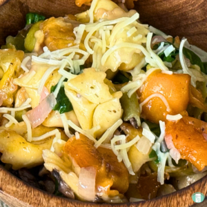 Creamy mushroom one pot tortellini served in a bowl