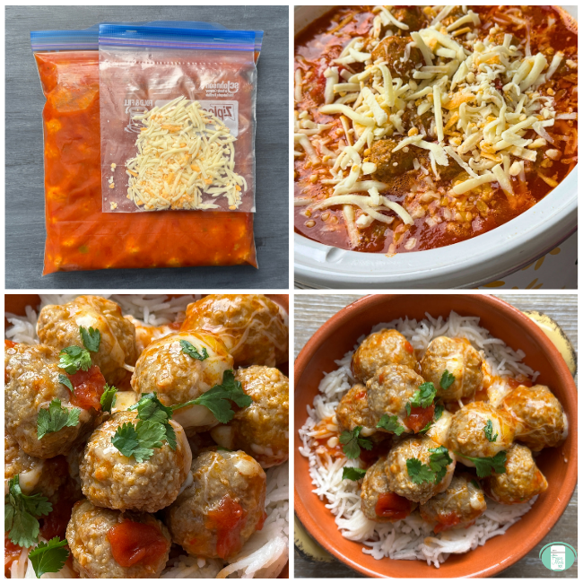 Process photos for freezer meal enchilada meatballs, prepped in ziplocs for freezing, then in a slow cooker, then served over rice