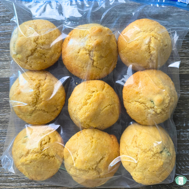 Jalapeño Cornbread Muffins in a ziploc bag ready to be frozen