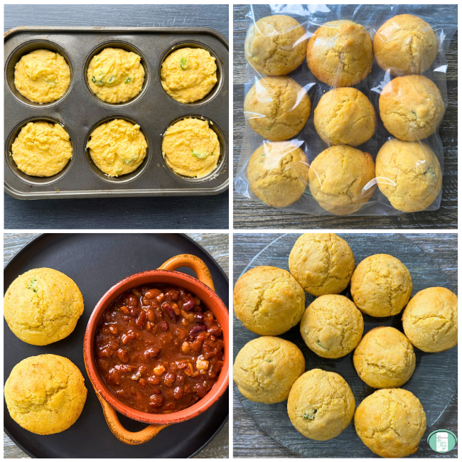 Process photos for make ahead jalapeno cornbread muffins, showing them ready for the oven, then baked and in a ziploc bag ready to be frozen, then served with chili