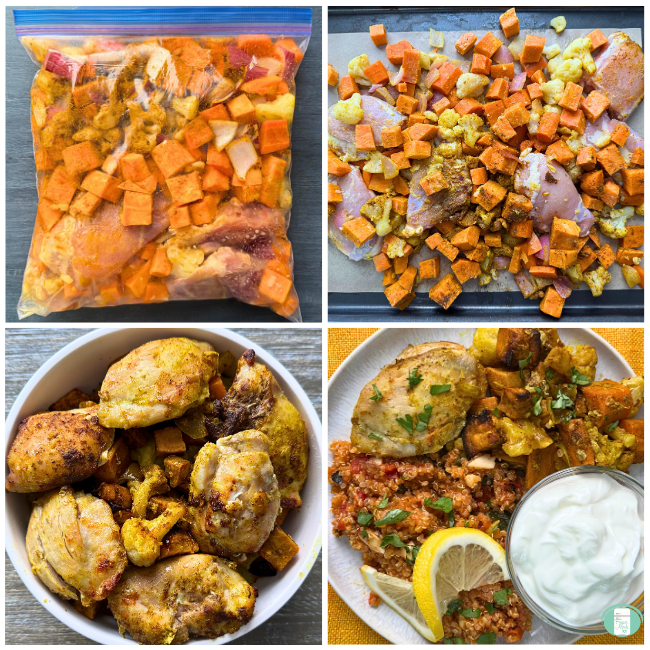 Process photos for moroccan chicken sheet pan freezer meal, showing the meal in a ziploc for freezing, then spread on a baking sheet, then served with quinoa, cilantro, and greek yogurt