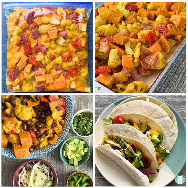 Process photos for freezer meal roasted veggie taco sheet pan meal, showing it in a ziploc for freezing, then spread out on a sheet pan, then served alongside avocado, cilantro, peppers, and cabbage in tortillas