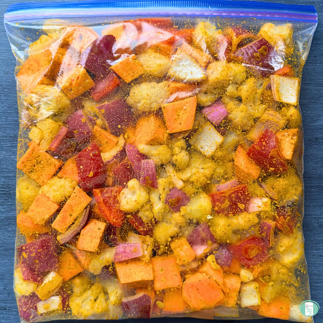 Make ahead meal roasted veggie tacos in a ziploc for freezing